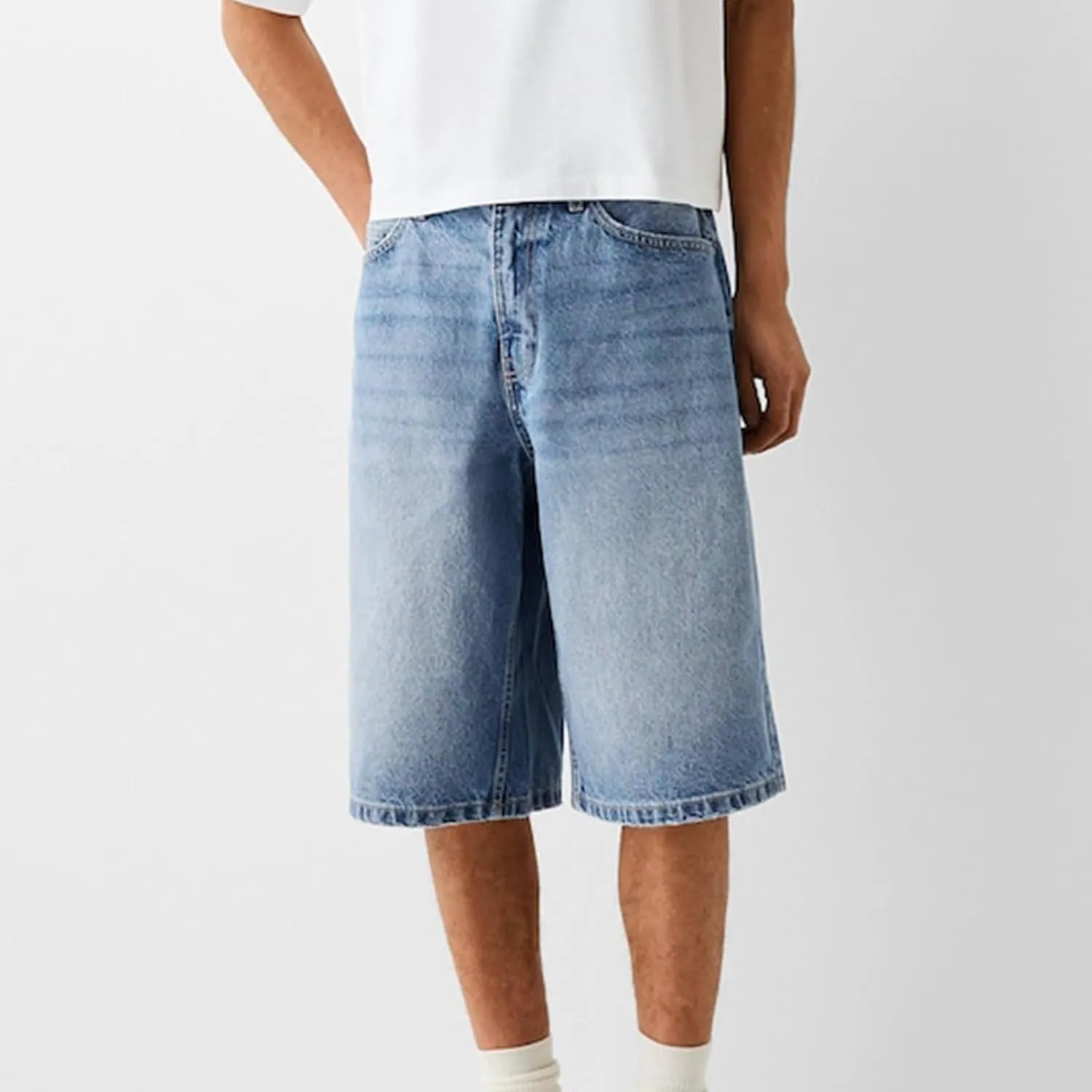 XBTCLXEBCO Mens Baggy Jean Shorts Relaxed Fit Wide Leg Denim Bermuda Shorts Casual Hip Hop Long Denim Shorts Streetwear