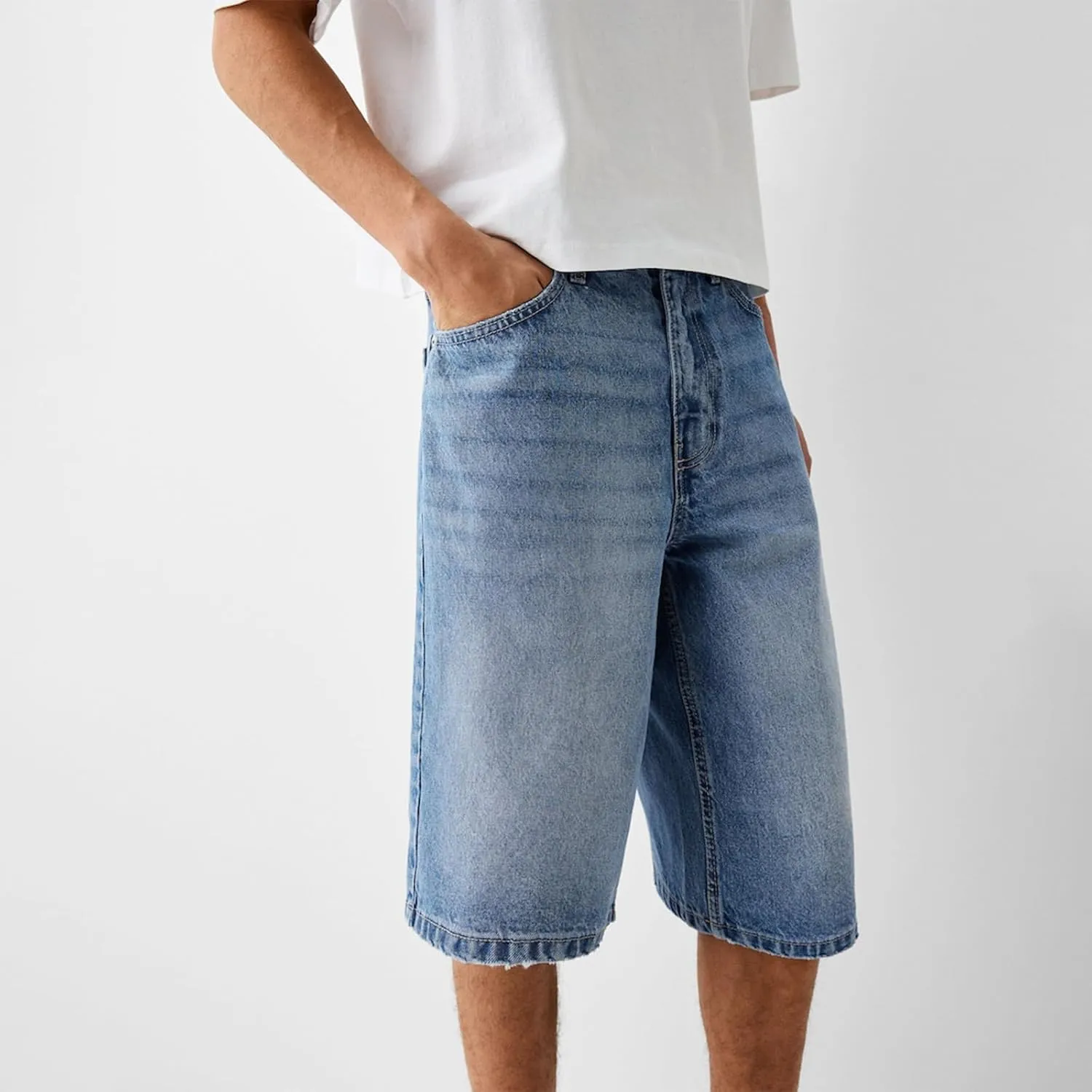 XBTCLXEBCO Mens Baggy Jean Shorts Relaxed Fit Wide Leg Denim Bermuda Shorts Casual Hip Hop Long Denim Shorts Streetwear