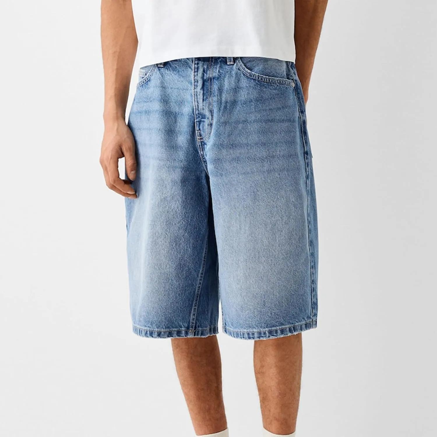 XBTCLXEBCO Mens Baggy Jean Shorts Relaxed Fit Wide Leg Denim Bermuda Shorts Casual Hip Hop Long Denim Shorts Streetwear