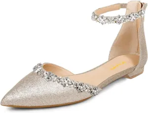 XYD Women Classic Pointed Toe D'Orsay Wedding Flat Sandals Sparkly Rhinestones Ankle Strap Low Heel Dress Shoes with Zipper