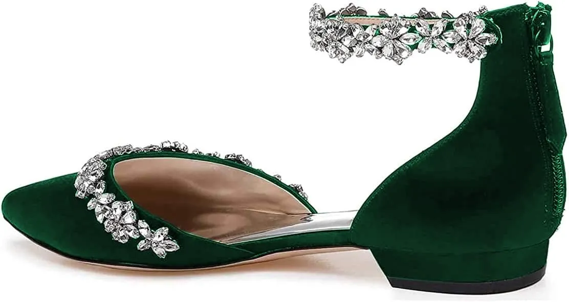 XYD Women Classic Pointed Toe D'Orsay Wedding Flat Sandals Sparkly Rhinestones Ankle Strap Low Heel Dress Shoes with Zipper