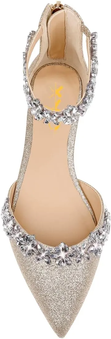 XYD Women Classic Pointed Toe D'Orsay Wedding Flat Sandals Sparkly Rhinestones Ankle Strap Low Heel Dress Shoes with Zipper