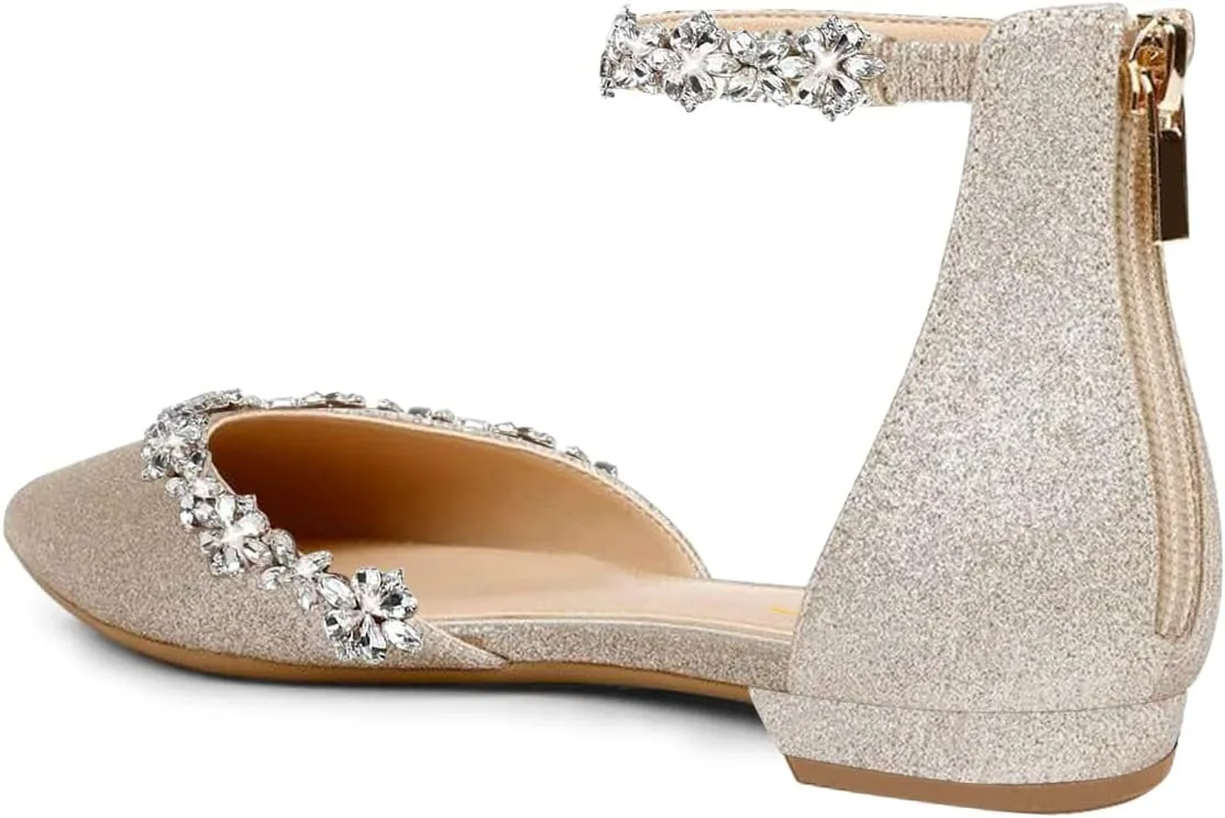 XYD Women Classic Pointed Toe D'Orsay Wedding Flat Sandals Sparkly Rhinestones Ankle Strap Low Heel Dress Shoes with Zipper