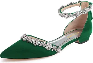 XYD Women Classic Pointed Toe D'Orsay Wedding Flat Sandals Sparkly Rhinestones Ankle Strap Low Heel Dress Shoes with Zipper