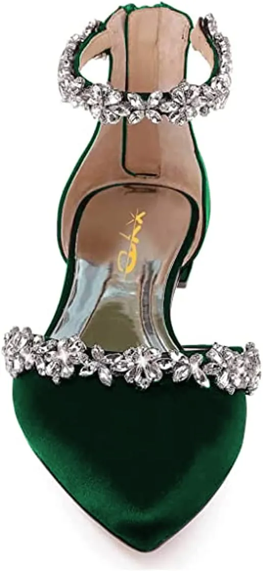 XYD Women Classic Pointed Toe D'Orsay Wedding Flat Sandals Sparkly Rhinestones Ankle Strap Low Heel Dress Shoes with Zipper