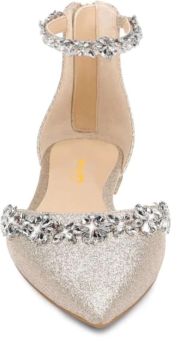 XYD Women Classic Pointed Toe D'Orsay Wedding Flat Sandals Sparkly Rhinestones Ankle Strap Low Heel Dress Shoes with Zipper