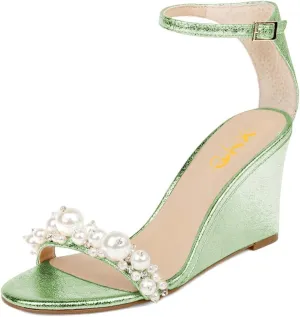 XYD Women Wedge Heel Romance Open Toe Sandals Rhinestones Pearl Embellished Ankle Strap Dressy Comfort Pumps Wedding Shoes