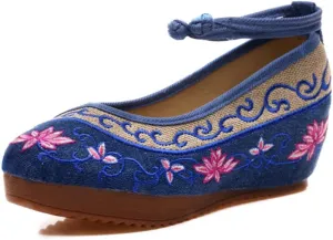 YIBLBOX Women Chinese Traditional Strap Lotus Flower Embroidery Strappy Platform Wedges Shoes