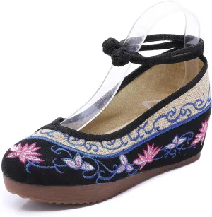 YIBLBOX Women Chinese Traditional Strap Lotus Flower Embroidery Strappy Platform Wedges Shoes