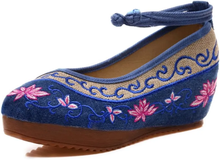 YIBLBOX Women Chinese Traditional Strap Lotus Flower Embroidery Strappy Platform Wedges Shoes
