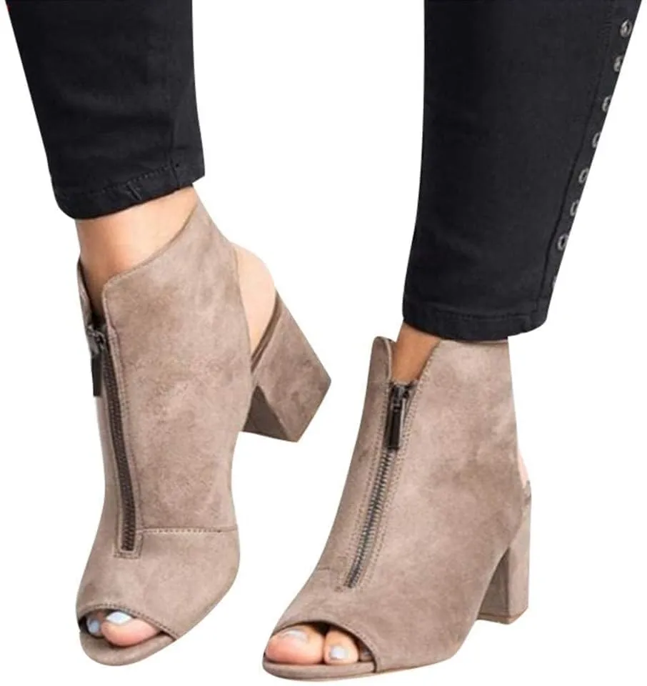 ZBYY Womens Open Toe Heel Sandals,Fashion Cutout Side Strap Zipper Chunky Heel Sandals Slip On Ankle Backless Booties