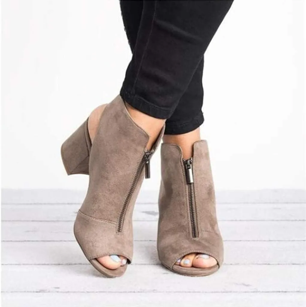 ZBYY Womens Open Toe Heel Sandals,Fashion Cutout Side Strap Zipper Chunky Heel Sandals Slip On Ankle Backless Booties