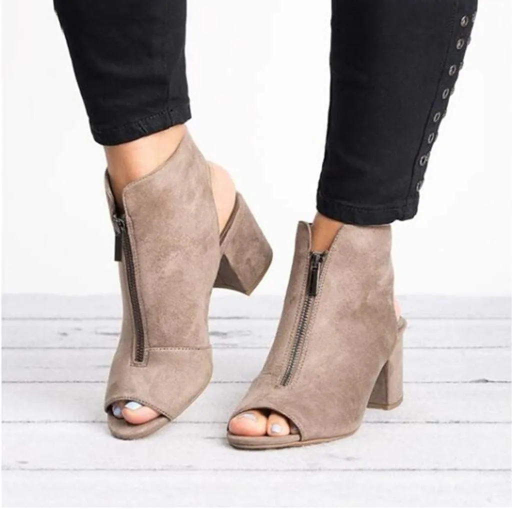 ZBYY Womens Open Toe Heel Sandals,Fashion Cutout Side Strap Zipper Chunky Heel Sandals Slip On Ankle Backless Booties