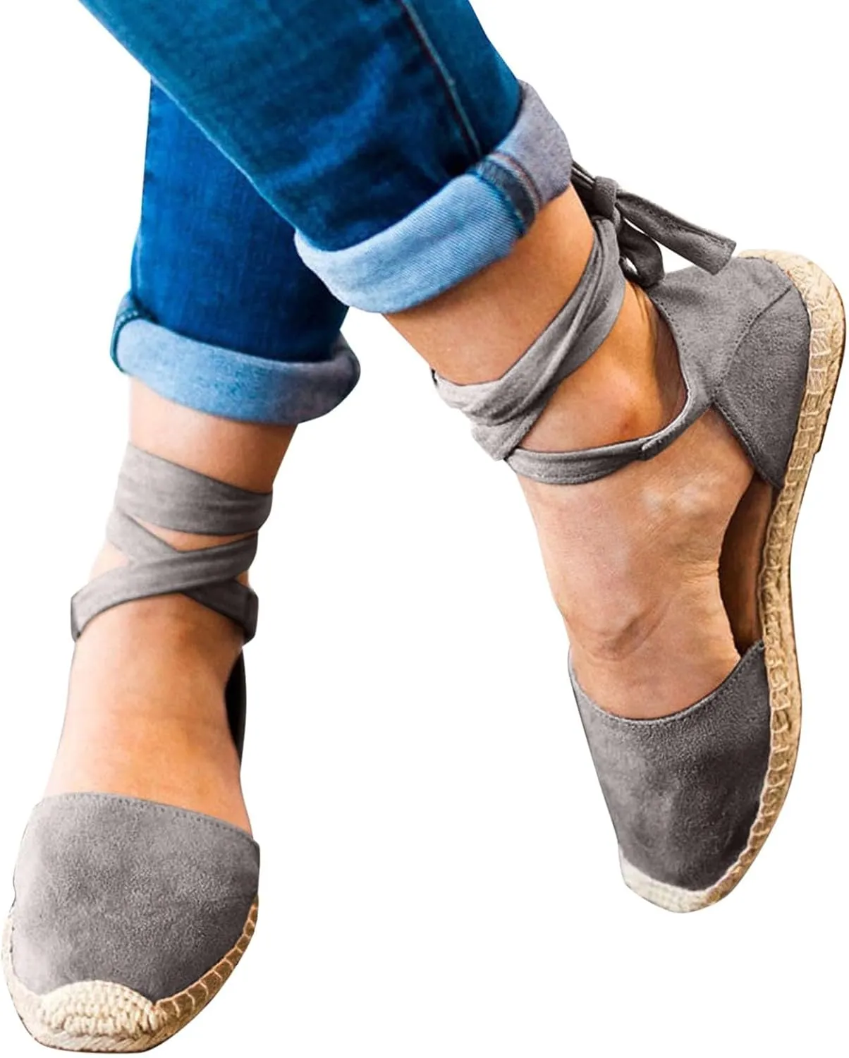 ZSpzx Women's Closed Toe Elastic Ankle Strap Espadrilles Wedge Sandals Womens Summer Espadrille Heel Platform Sandals Ankle Buckle Shoes Lace up Dressy Shoes Strappy Flat Sandals