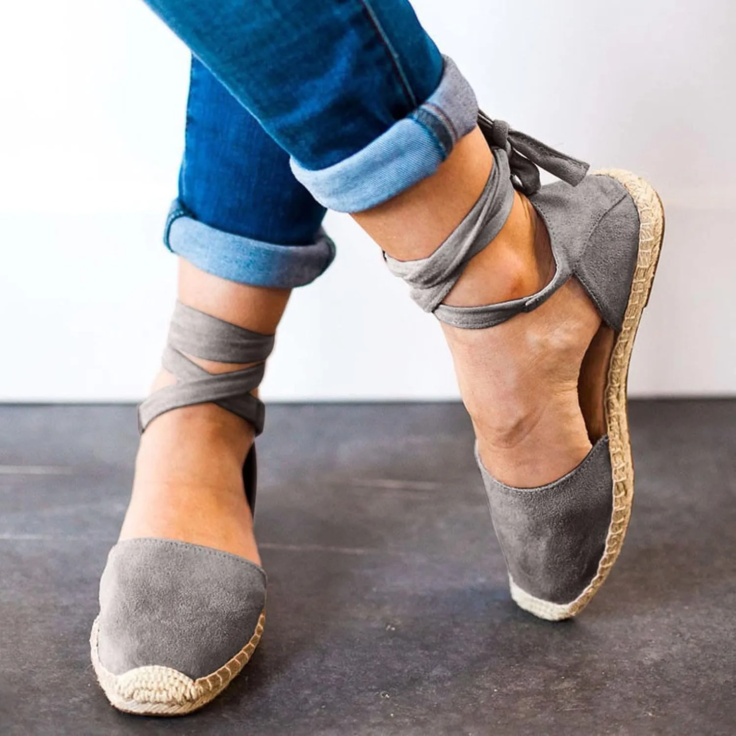 ZSpzx Women's Closed Toe Elastic Ankle Strap Espadrilles Wedge Sandals Womens Summer Espadrille Heel Platform Sandals Ankle Buckle Shoes Lace up Dressy Shoes Strappy Flat Sandals
