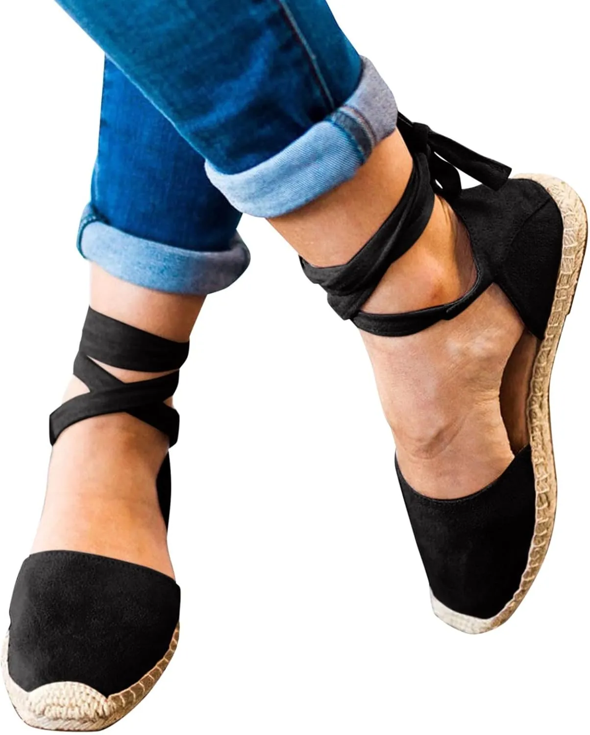 ZSpzx Women's Closed Toe Elastic Ankle Strap Espadrilles Wedge Sandals Womens Summer Espadrille Heel Platform Sandals Ankle Buckle Shoes Lace up Dressy Shoes Strappy Flat Sandals