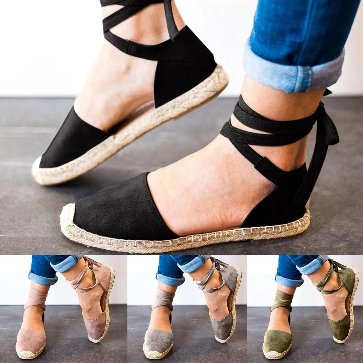 ZSpzx Women's Closed Toe Elastic Ankle Strap Espadrilles Wedge Sandals Womens Summer Espadrille Heel Platform Sandals Ankle Buckle Shoes Lace up Dressy Shoes Strappy Flat Sandals