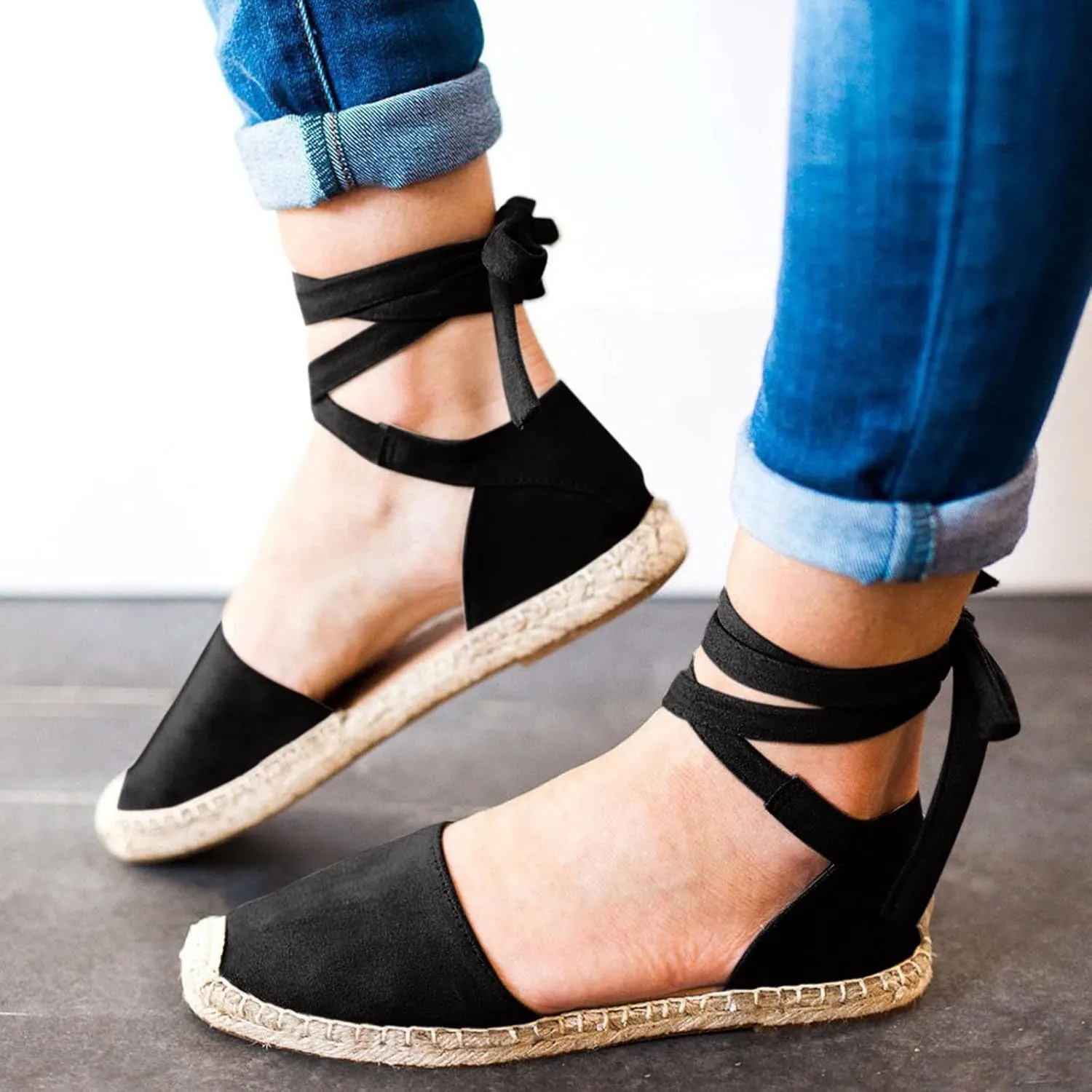 ZSpzx Women's Closed Toe Elastic Ankle Strap Espadrilles Wedge Sandals Womens Summer Espadrille Heel Platform Sandals Ankle Buckle Shoes Lace up Dressy Shoes Strappy Flat Sandals