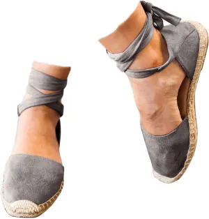 ZSpzx Women's Closed Toe Elastic Ankle Strap Espadrilles Wedge Sandals Womens Summer Espadrille Heel Platform Sandals Ankle Buckle Shoes Lace up Dressy Shoes Strappy Flat Sandals
