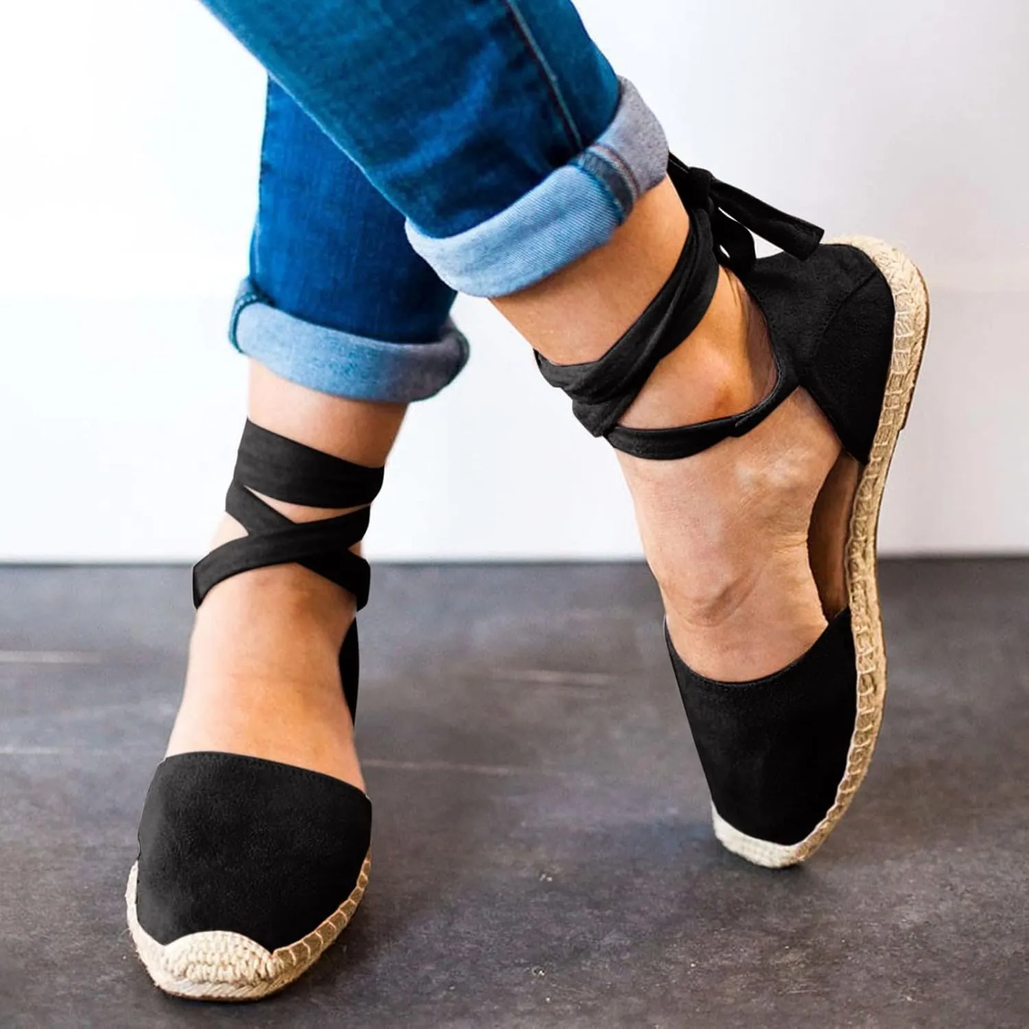 ZSpzx Women's Closed Toe Elastic Ankle Strap Espadrilles Wedge Sandals Womens Summer Espadrille Heel Platform Sandals Ankle Buckle Shoes Lace up Dressy Shoes Strappy Flat Sandals