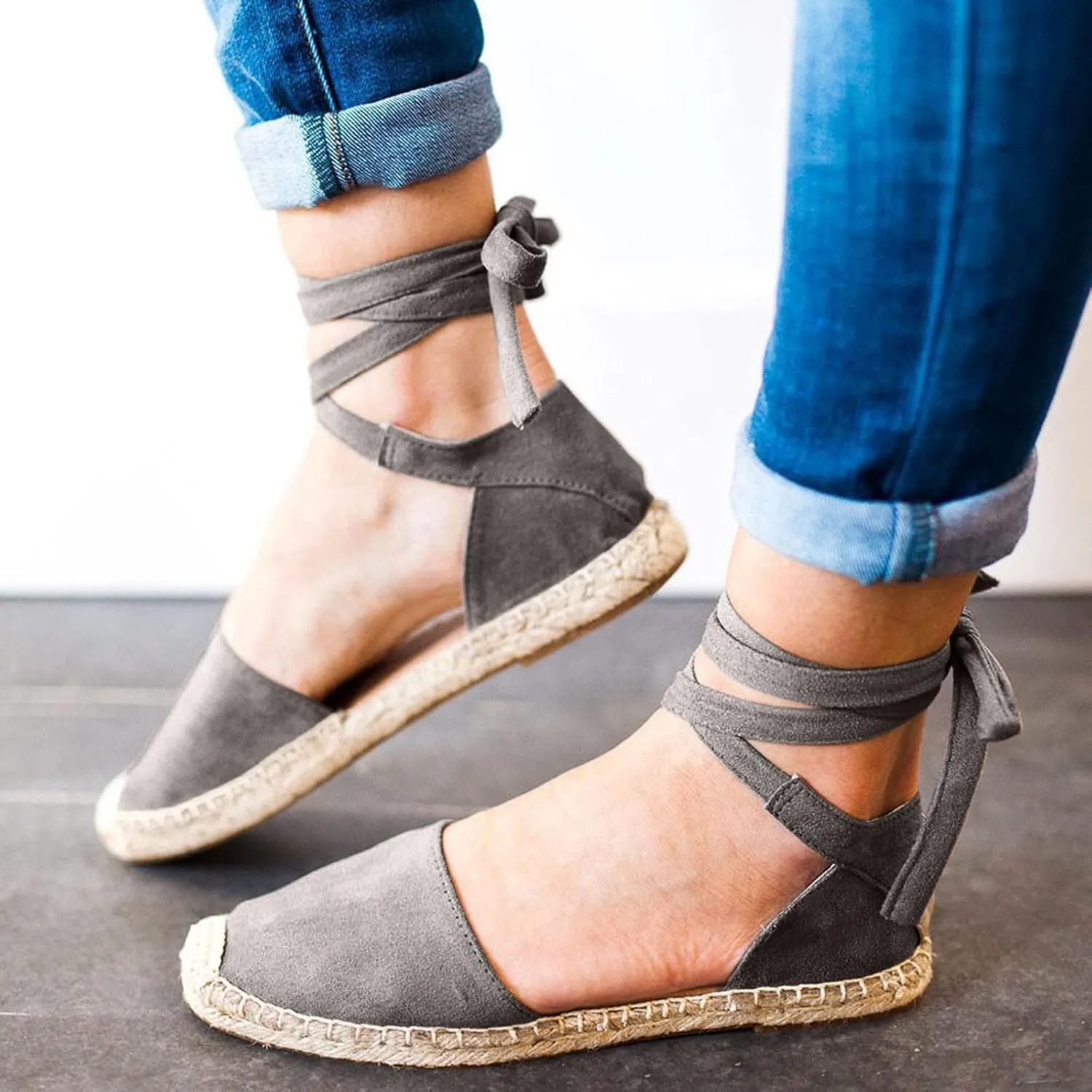 ZSpzx Women's Closed Toe Elastic Ankle Strap Espadrilles Wedge Sandals Womens Summer Espadrille Heel Platform Sandals Ankle Buckle Shoes Lace up Dressy Shoes Strappy Flat Sandals