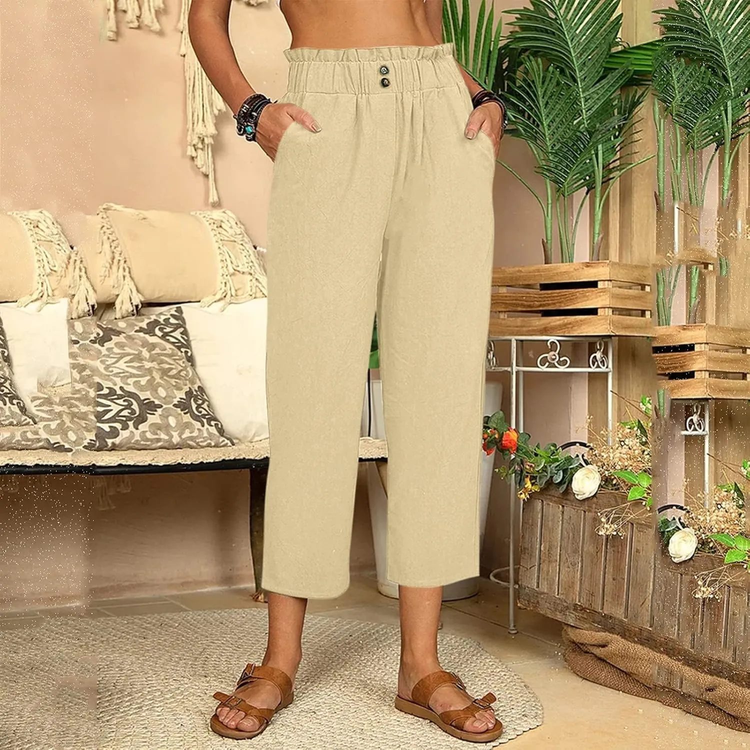 ZYXTIM Womens Linen Pants Casual Loose Comfy Button Elastic High Waisted Pocketed Palazzo Cropped Work Pants Paper Bag Pants