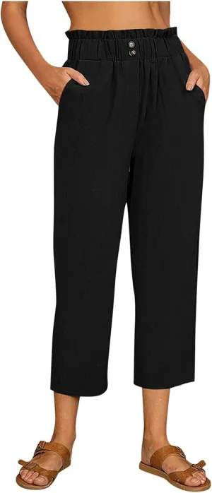 ZYXTIM Womens Linen Pants Casual Loose Comfy Button Elastic High Waisted Pocketed Palazzo Cropped Work Pants Paper Bag Pants