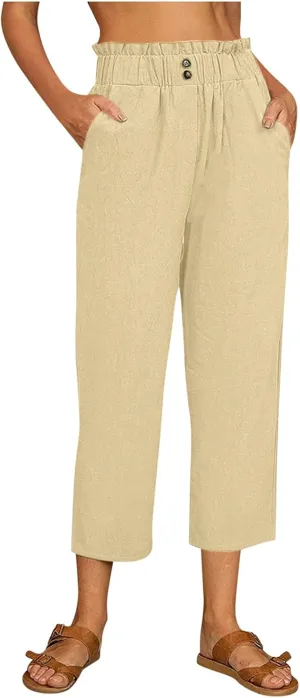 ZYXTIM Womens Linen Pants Casual Loose Comfy Button Elastic High Waisted Pocketed Palazzo Cropped Work Pants Paper Bag Pants